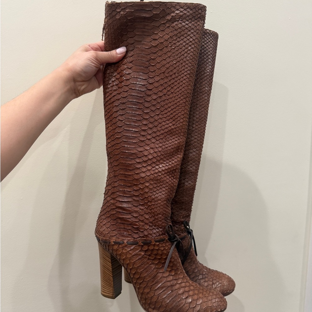 Chloe Leather Python Style Brown Heeled Boots - image 3